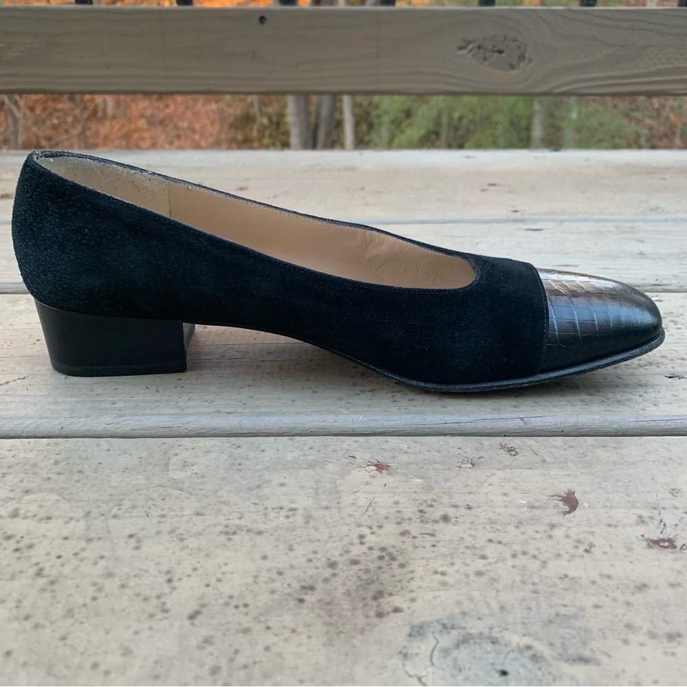 Salvatore Ferragamo black embossed leather cap toe and suede shoes size 7.5 B - Picture 12 of 15